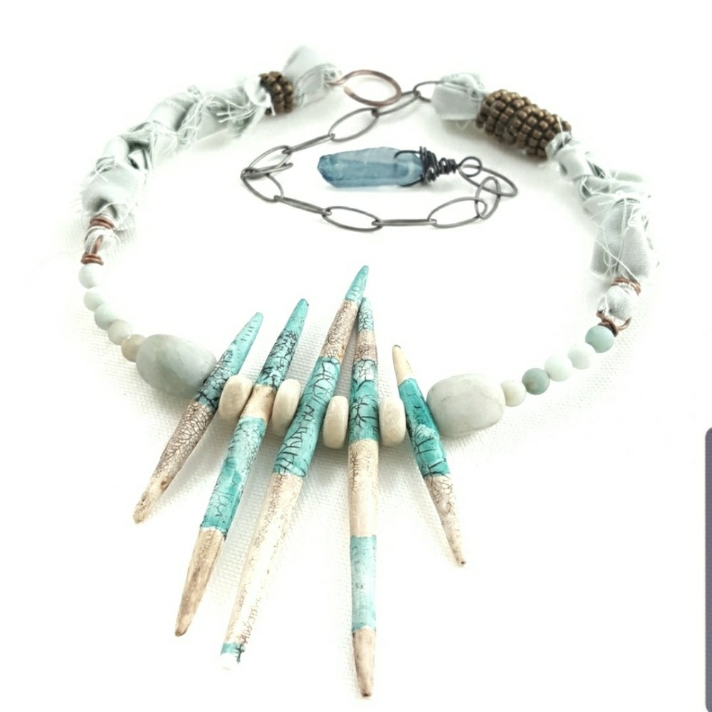 Artisan Handcraft Polymer Aqua Spikes Bib Necklace